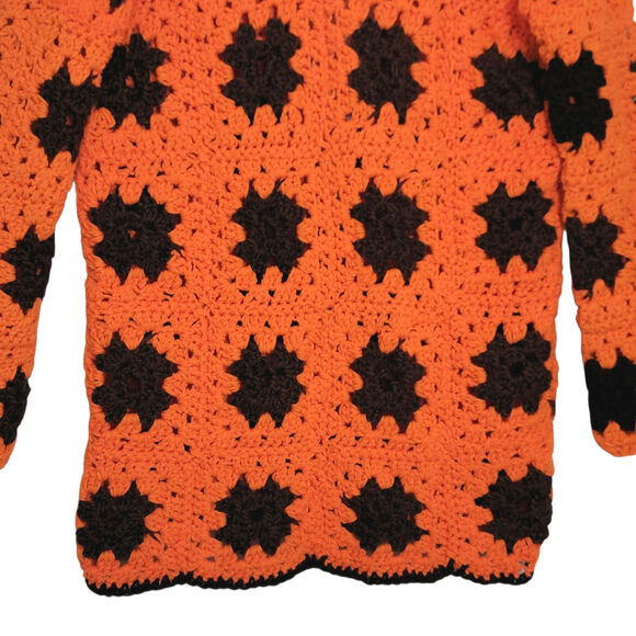 Crochet Flower Cardigan Retro Y2K Boho Sweater Orange Brown 70s Medium Large - Picture 9 of 12